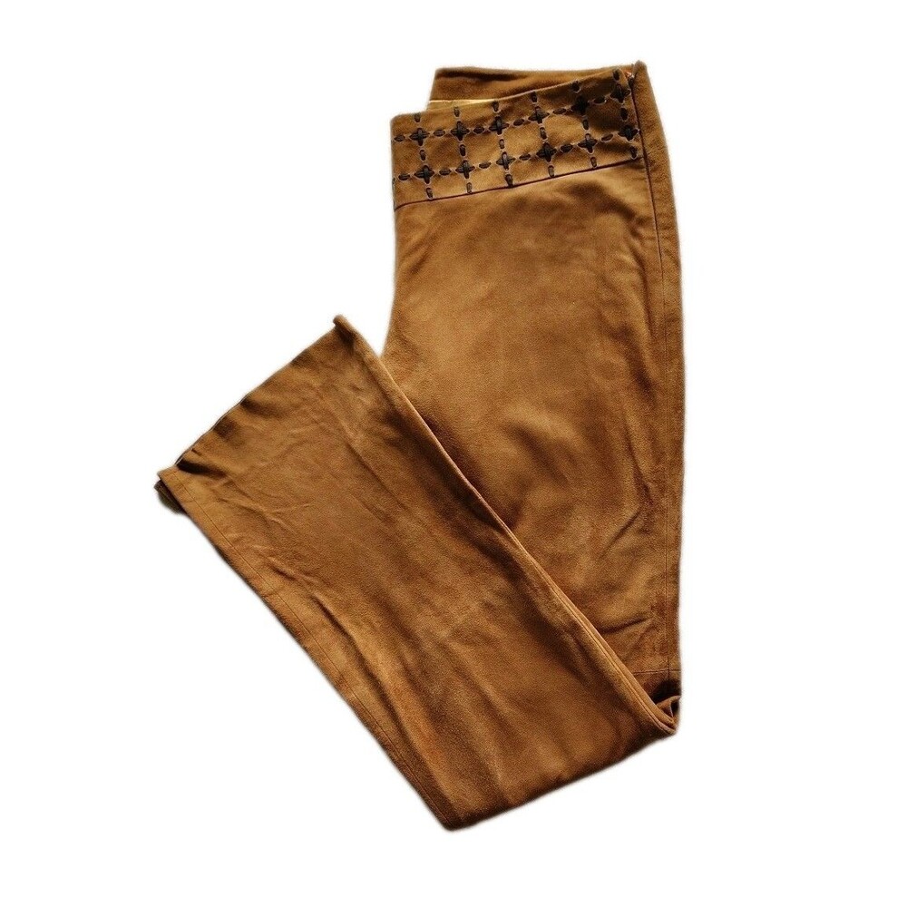 VS2 Vakko Goat Suede Pants Sz 10 Tan Bootcut Flare Coastal Cowgirl Moto Boho